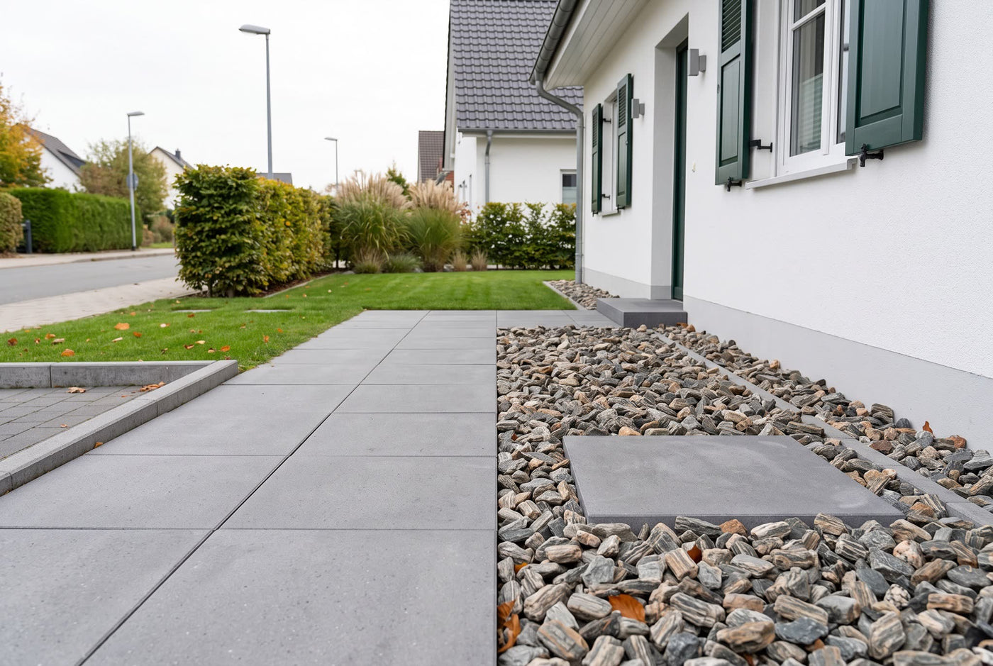 Woodstone SS, 30-60 mm – Anwendungsbeispiel: im Zierkiesbeet am Haus